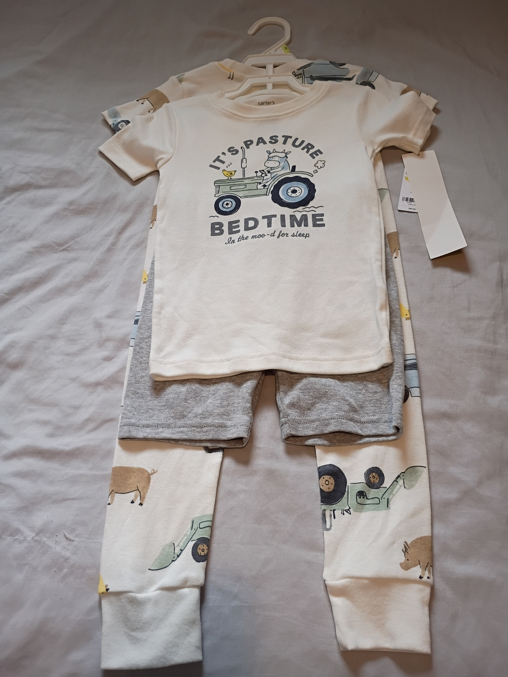 Carter's White Tractor 'Bedtime' Short Sleeve Pajama Set with Gray Shorts